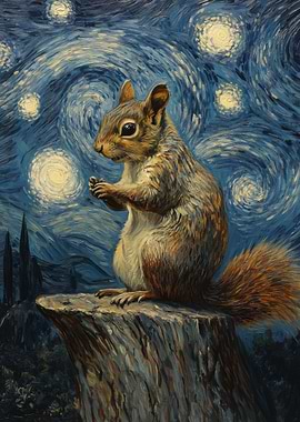 Squirrel Under Starry Night