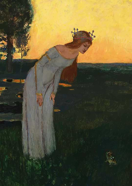 Woman in White Dress Gazing at Frog Franz von Stuck