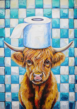 Highland Cow with Toilet Paper Hat