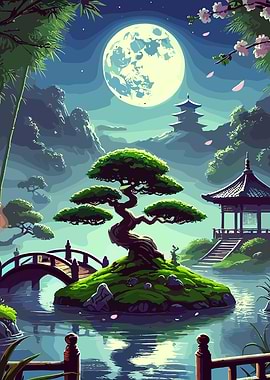 Japanese Zen Bonsai Garden Moonlit