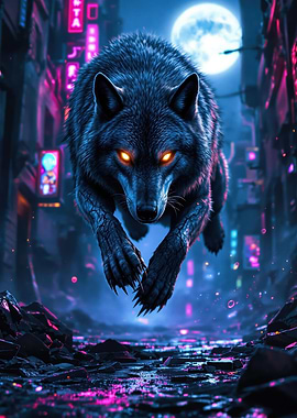 Neon Howl – Cyberpunk Wolf in Futuristic City