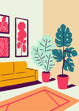 Retro Modern Living Room Abstract Interior Art