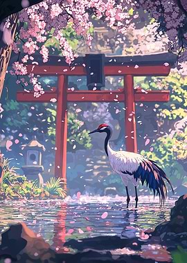 Crane in Cherry Blossom Garden