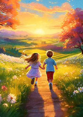 Children Running Towards Sunset