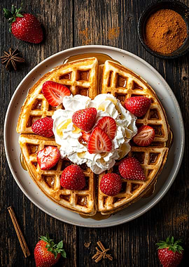 Waffles with Strawberries and Whipped Cream