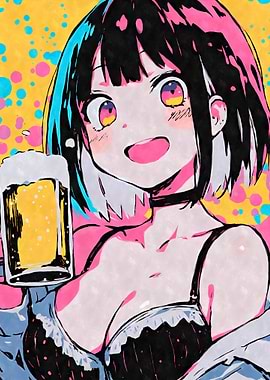 Happy Anime Girl with Beer