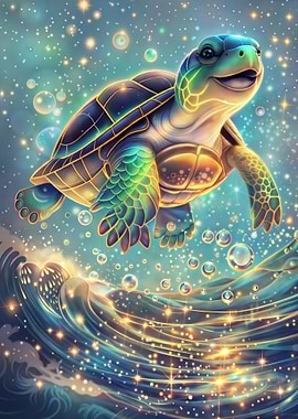 Sea Turtle in Starry Ocean