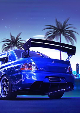 Blue Mitsubishi Evo Synthwave Retro