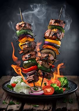 Grilled Skewers with Flames