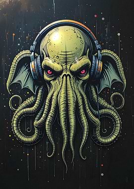 Street Art Cthulhu with Headphones