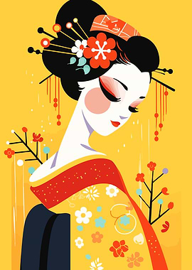 Japanese Geisha Yellow Kimono Minimalist Art
