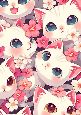 Charming kittens surrounded by cherry blossoms flowers