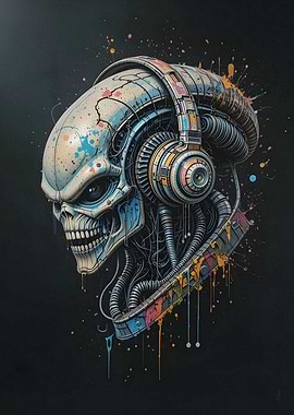 Street Art Cyber Skull with Headphones