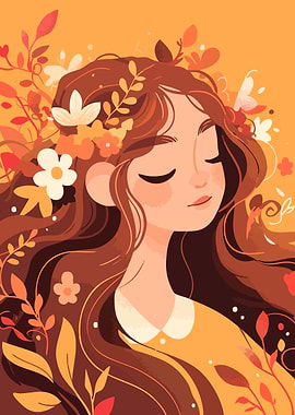 Autumn Girl Floral Illustration Minimalist Art