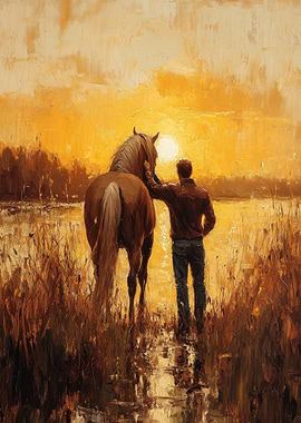 Man and Horse at Sunset