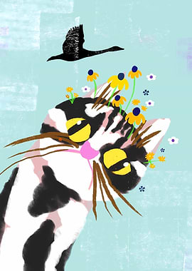 Black and White Cat with Flowers