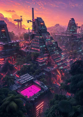 Neon Cityscape at Sunset