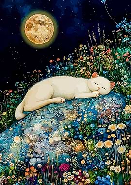 Sleeping Cat Under Moonlit Sky
