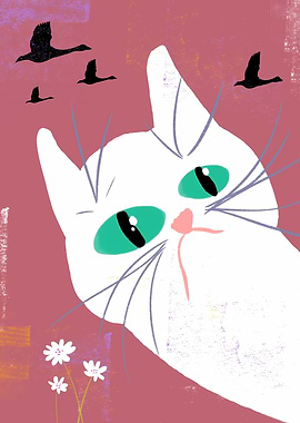 Whimsical White Cat with Birds