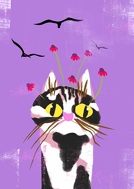 Curious Cat with Birds and Flowers