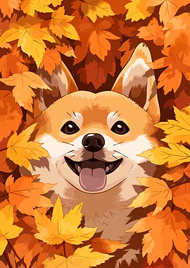 Cute Shiba Inu Autumn Leaves Dog Art