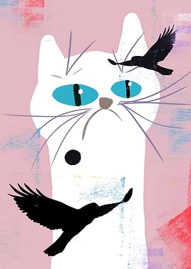 White Cat and Birds in the Sky