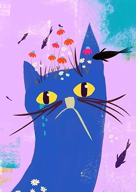 Mystical Blue Cat with Flowers