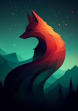 Fox Silhouette in Mountains Japanese Modern Minimalistic
