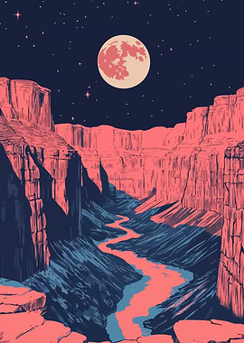Retro Synth Grand Canyon Night Moon Minimalist Art