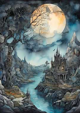 Gothic Castle Under Full Moon
