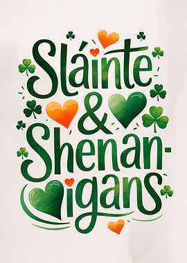 Sláinte & Shenanigans St. Patrick's Day Funny Pun Text Design Poster