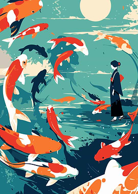 Abstract Japanese Koi Pond and Geisha Minimalist Art