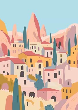Pastel Turkey Town Village Minimalist Art Illustration