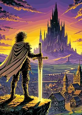 Dark Fantasy Knight with Sword and Castle