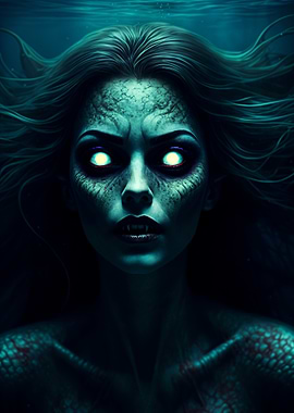 horror mermaid with Glowing Eyes