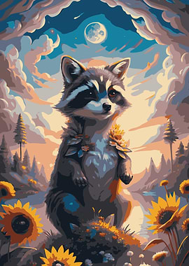 Raccoon in a Field of Sunflowers