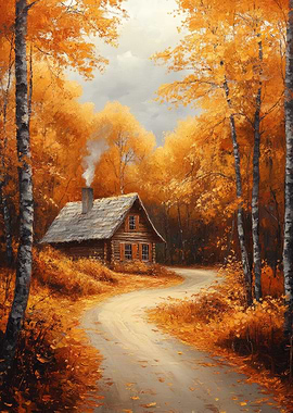 Autumn Cabin in Woods