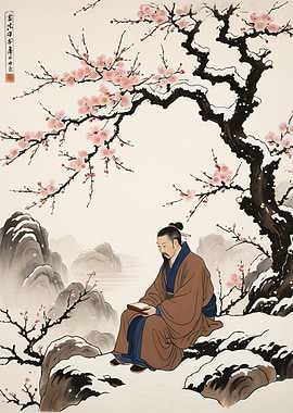 Chinese Man Reading Under a Snowy Tree