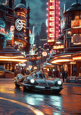 Futuristic Cityscape with Car