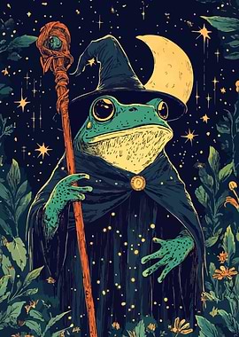 Frog Wizard Under Stars Fantasy Minimalist Art