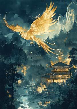 Golden Phoenix Over Japanese Temple