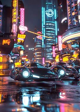 Cyberpunk Cityscape with Flying Cars