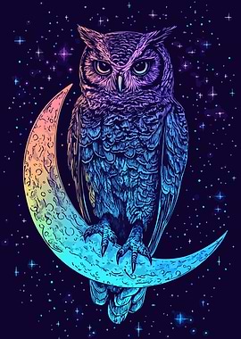 Owl on Crescent Moon Retro Art