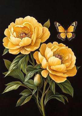 Yellow Peonies and Butterfly