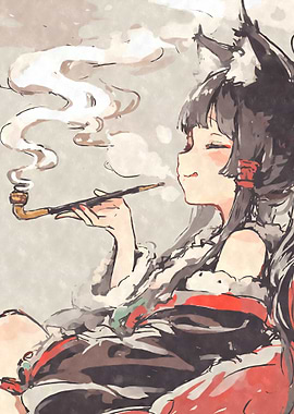Kitsune Anime Girl Smoking Pipe