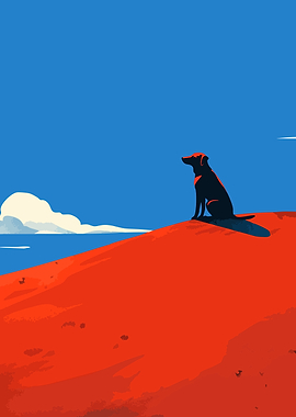 Dog on a Red Sunset Hilltop Minimalist Art