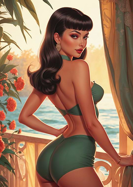 Brunette Pin-up in Green Bikini
