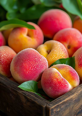 Fresh Peaches in Wooden Crate