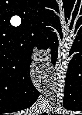 Owl Under Night Sky