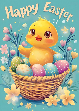Happy Easter Chick with Eggs